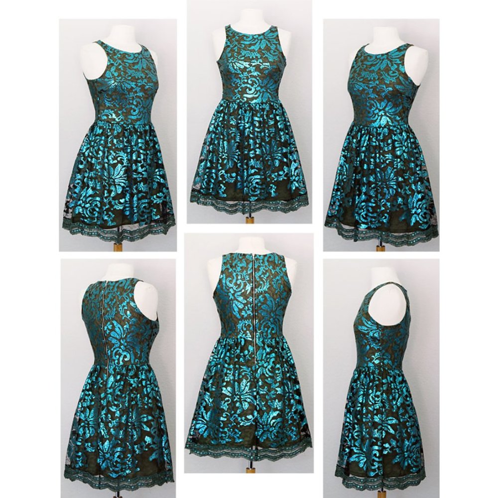Teal Olive Green Sequin Crochet Scallop Lace Dress - Picture 7 of 8